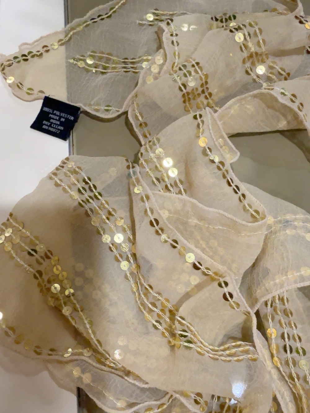 Elegant Beige Scarf with Gold Sequin Trim
